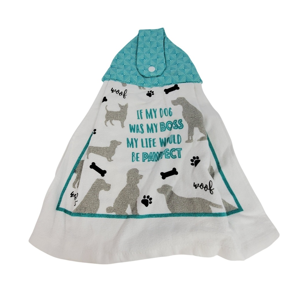 Handmade Dog Themed Hanging Kitchen Towel Teal White Pawfect Dog Lover Gift